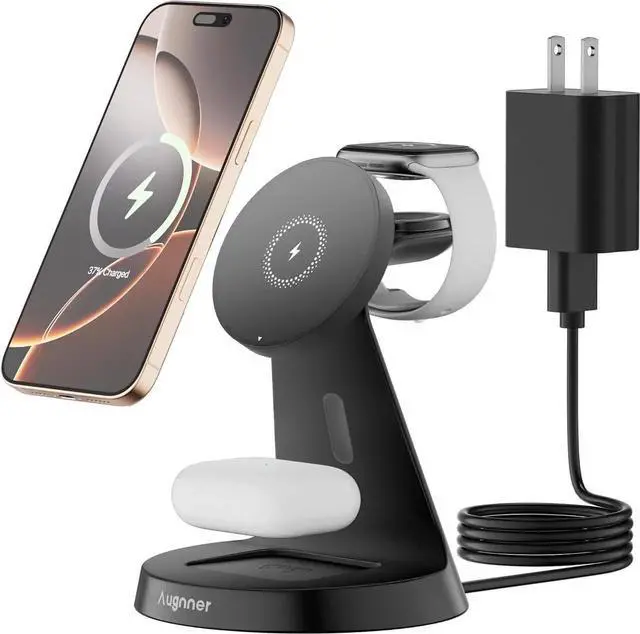 Main image of Magnetic Wireless Charger Stand 3 in 1 Charging Station 15W Fast Charging Stand Wireless Charger for iPhone16/15/14/13/12 Series Watch Series Earphone Non-Slip Base