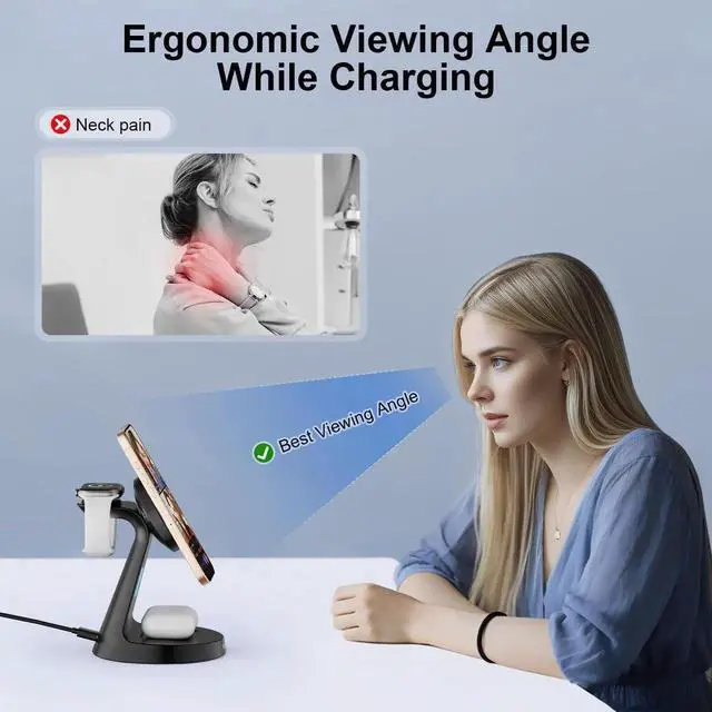 Alt view image 4 of 6 - Magnetic Wireless Charger Stand 3 in 1 Charging Station 15W Fast Charging Stand Wireless Charger for iPhone16/15/14/13/12 Series Watch Series Earphone Non-Slip Base