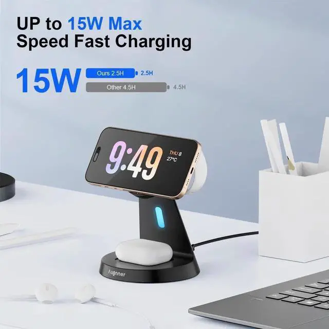 Alt view image 3 of 6 - Magnetic Wireless Charger Stand 3 in 1 Charging Station 15W Fast Charging Stand Wireless Charger for iPhone16/15/14/13/12 Series Watch Series Earphone Non-Slip Base