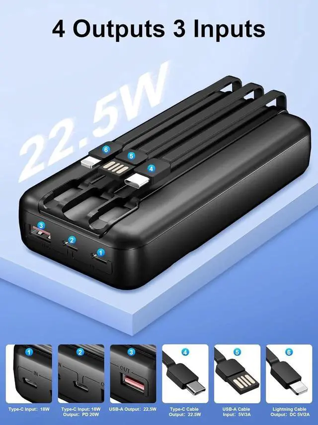 Alt view image 4 of 7 - JAENFONG Power-Bank-Portable-Charger 49800mAh Portable Phone Charger Power Bank with 3 Built-in Cable(USB-C iOS USB-A) 22.5W Fast Charging LED Display External Battery Pack for iPhone Android etc