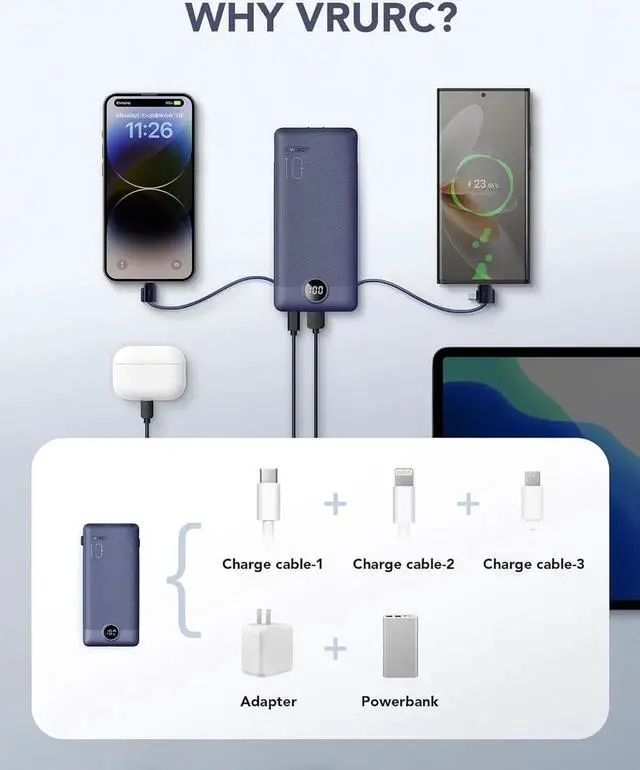 Alt view image 2 of 7 - JAENFONG Portable Charger Built-in Cables and AC Wall Plug USB C Power Bank 10000mAh Travel Battery Portable Phone Charger Compact Lightweight External Battery Pack for Smart Phones Tablets etc-Navy