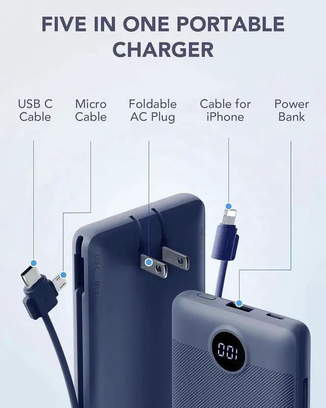 Alt view image 6 of 7 - JAENFONG Portable Charger Built-in Cables and AC Wall Plug USB C Power Bank 10000mAh Travel Battery Portable Phone Charger Compact Lightweight External Battery Pack for Smart Phones Tablets etc-Navy