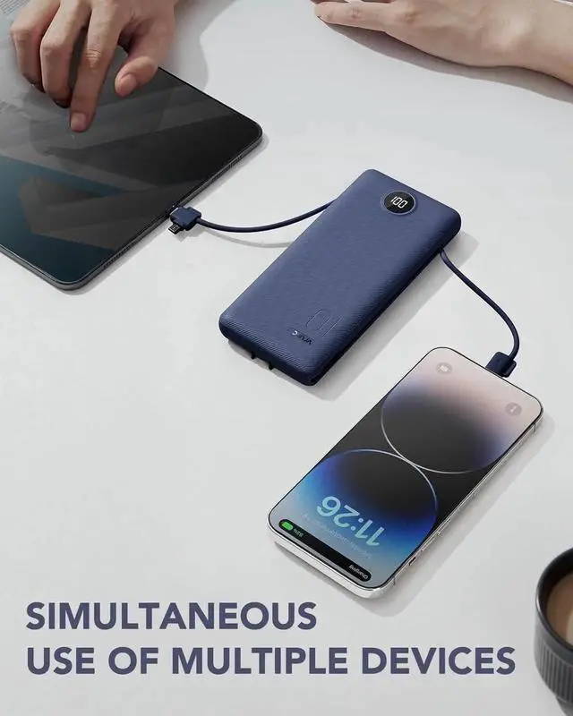 Alt view image 3 of 7 - JAENFONG Portable Charger Built-in Cables and AC Wall Plug USB C Power Bank 10000mAh Travel Battery Portable Phone Charger Compact Lightweight External Battery Pack for Smart Phones Tablets etc-Navy