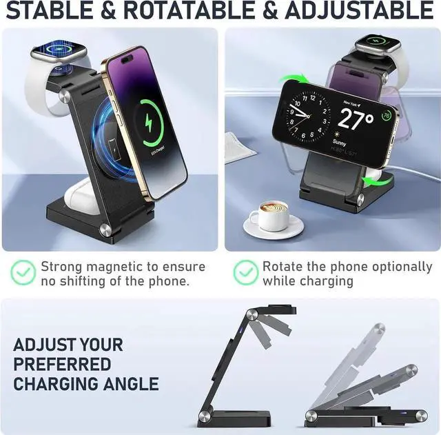 Alt view image 2 of 6 - Magnetic Wireless Charger Stand 3 in 1 Foldable Wireless Charging Station Travel Charger for Multiple Devices for iPhone 16 15 14 13 12 Series Watch Ultra/9/8/7/6/5/4/3/2 AirPods