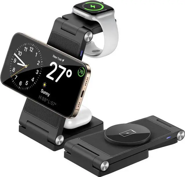 Main image of Magnetic Wireless Charger Stand 3 in 1 Foldable Wireless Charging Station Travel Charger for Multiple Devices for iPhone 16 15 14 13 12 Series Watch Ultra/9/8/7/6/5/4/3/2 AirPods