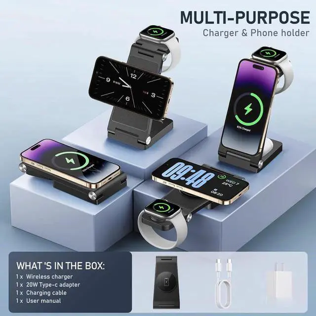 Alt view image 3 of 6 - Magnetic Wireless Charger Stand 3 in 1 Foldable Wireless Charging Station Travel Charger for Multiple Devices for iPhone 16 15 14 13 12 Series Watch Ultra/9/8/7/6/5/4/3/2 AirPods