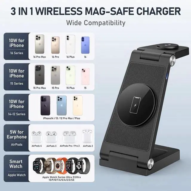 Alt view image 4 of 6 - Magnetic Wireless Charger Stand 3 in 1 Foldable Wireless Charging Station Travel Charger for Multiple Devices for iPhone 16 15 14 13 12 Series Watch Ultra/9/8/7/6/5/4/3/2 AirPods