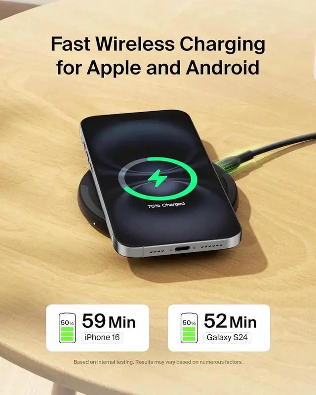 Alt view image 3 of 7 - Wireless Charging Pad 15W - Qi Charger Charging Station for iPhone 16 iPhone 15/14/13 Series AirPods Galaxy S25 Galaxy S24 Pixel - Power Supply and Cable Included - Black