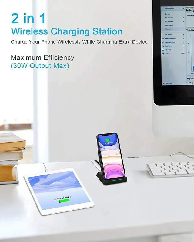 Alt view image 3 of 7 - Nanami 2 in 1 Wireless Charger Equipped with PD 30W Adapter Qi Certified Fast Charging Stand with USB-A Port Compatible iPhone 16/15/14/13/12/11 Phone Charger for Galaxy S25/S24/S23/S22/S21
