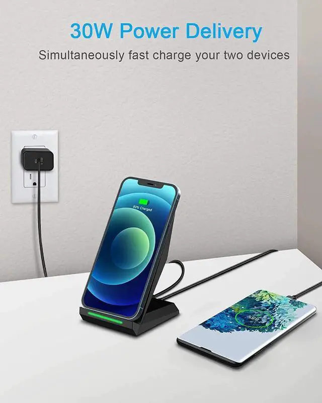 Alt view image 7 of 7 - Nanami 2 in 1 Wireless Charger Equipped with PD 30W Adapter Qi Certified Fast Charging Stand with USB-A Port Compatible iPhone 16/15/14/13/12/11 Phone Charger for Galaxy S25/S24/S23/S22/S21