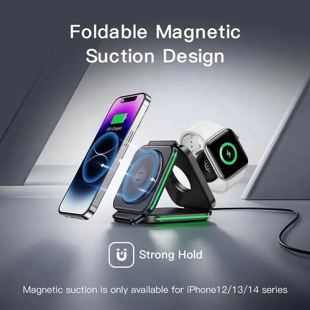 Alt view image 5 of 7 - 3 in 1 Charging Station for Magnetic Foldable Charger for Travel Wireless Charger Pad for iPhone 16/15/14/13/12/Pro/Max/Mini AirPods Wireless/Pro iWatch Ultra/SE/10/9/8/7/6/5/4/3/2