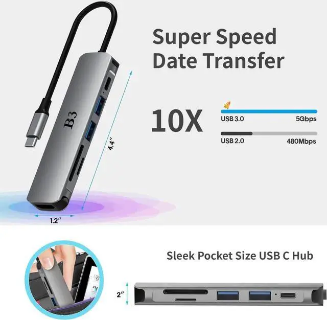Alt view image 2 of 6 - JAENFONG USB C Hub USB C to HDMI MultiPort Adapter for MacBook Pro 7 in 1 Dongle with 4K HDMI/100W PD/USB3.0&2.0/SD/TF Card Reader Compatible for MacBook Air iPad Pro Surface Chromebook XPS S23