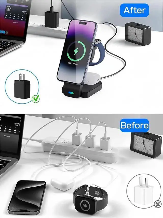 Alt view image 6 of 7 - 3 in 1 Wireless Charger Charging Station for iPhone 18w Foldable Magnetic Charging Stand 3 in 1 Charging Station Charger Stand Desk Accessories Multiple Devices iPhone Watch Airpods
3 in 1 Wireless Ch
