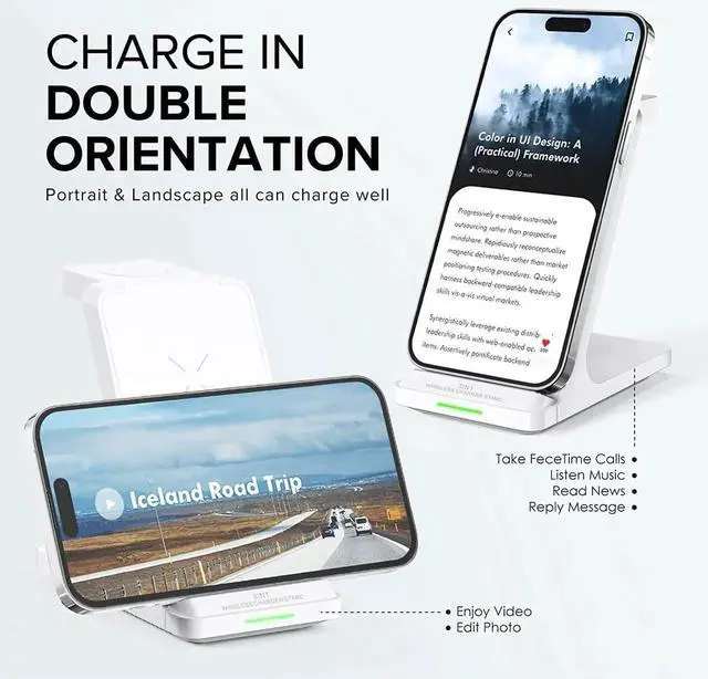 Alt view image 4 of 6 - Wireless Charging Station 3 in 1 Fast Wireless Charger Stand for Multiple Devices Watch Ultra Series 10 9 8 7 6 SE 5 4 3 2 iPhone 16 15 14 13 12 11 Pro Max/Plus/Mini/X/XS/Max/XR/SE Airpods