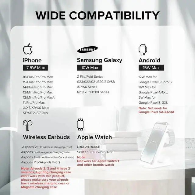 Alt view image 6 of 6 - Wireless Charging Station 3 in 1 Fast Wireless Charger Stand for Multiple Devices Watch Ultra Series 10 9 8 7 6 SE 5 4 3 2 iPhone 16 15 14 13 12 11 Pro Max/Plus/Mini/X/XS/Max/XR/SE Airpods