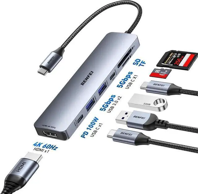 Alt view image 7 of 7 - JAENFONG 7-in-1 USB C Hub with HDMI(4K@60Hz) 2 USB-A 1 USB-C Data 100W Charge SD/TF Card Reader Silicone Tangle-Free Cable Compatible with MacBook Pro/Air iPad Pro iMac iPhone 15 Pro/Pro Max