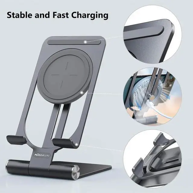 Alt view image 6 of 6 - Fast Wireless Charger - Metal Foldable and Adjustable Wireless Charging Stand for iPhone 16 15 14 13 12 Galaxy S25 S24 S23 S22 S21 Ultra/Plus and Android Phones Space Grey