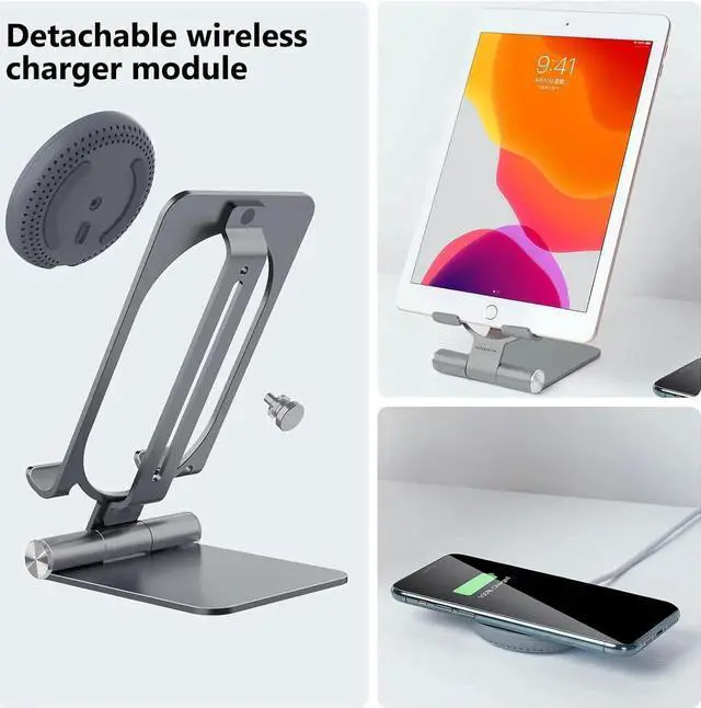 Alt view image 2 of 6 - Fast Wireless Charger - Metal Foldable and Adjustable Wireless Charging Stand for iPhone 16 15 14 13 12 Galaxy S25 S24 S23 S22 S21 Ultra/Plus and Android Phones Space Grey