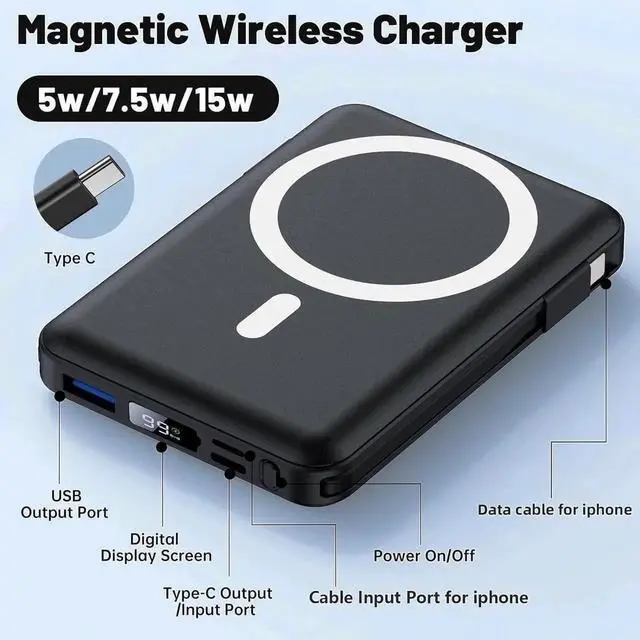 Alt view image 3 of 7 - for Magsafe Battery Pack 10000mAh Magnetic Power Bank 22.5W PD Fast Charging with USB-C Cable LED Display Wireless Portable Charger for Magsafe with Stand for iPhone 16/15/14/13/12/Pro/Pro Max
