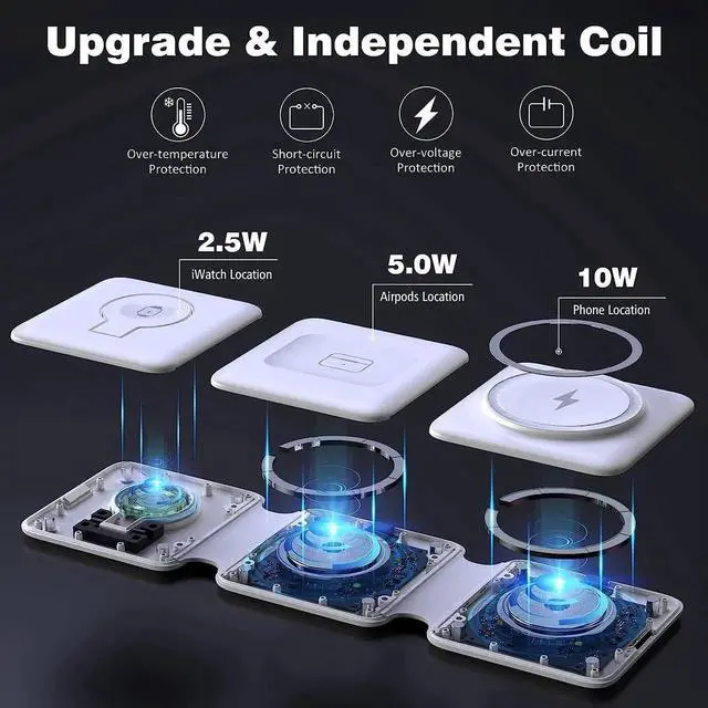 Alt view image 4 of 7 - Charging Station for Multiple Devices - 3 in 1 Foldable Magnetic Wireless Charger Dock - Travel Charging Pad for iPhone 16 15 14 13 12 Pro Max Plus Watch & Airpods