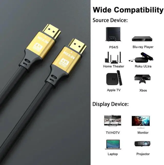 Alt view image 5 of 6 - JAENFONG HDMI Cable 50ft 4K@60Hz 18Gbps High Speed HDMI 2.0 Cord Ultra HD Ethernet Audio Return Video 4K 1080p 3D Arc HDR Compatible with Xbox PS5/PS4 HDTV Laptop ect(Gold)