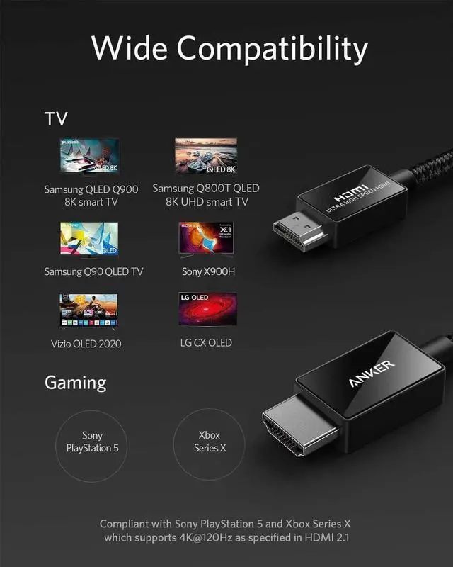 Alt view image 5 of 7 - JAENFONG HDMI Cable 8K@60Hz 6.6FT Ultra High Speed 4K@120Hz 48Gbps Ultra HD HDMI Cable Support Dynamic HDR eARC Dolby Atmos Compatible with PlayStation 5 Xbox Series X TVs