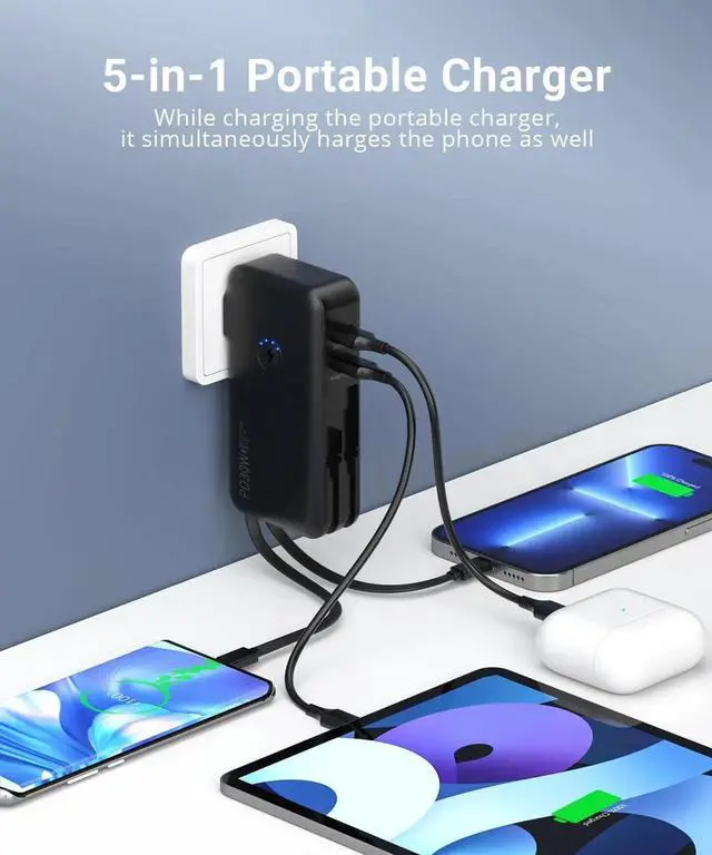Alt view image 5 of 7 - JAENFONG Portable Charger Power Bank 16000mAh Power Bank Built-in AC Wall Plug and Cables PD 30W and QC4.0 Fast Charger for iPhone and Android Phones and Most Electronic Devices (Black)
