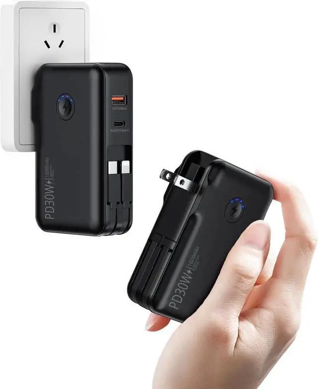 Main image of JAENFONG Portable Charger Power Bank 16000mAh Power Bank Built-in AC Wall Plug and Cables PD 30W and QC4.0 Fast Charger for iPhone and Android Phones and Most Electronic Devices (Black)