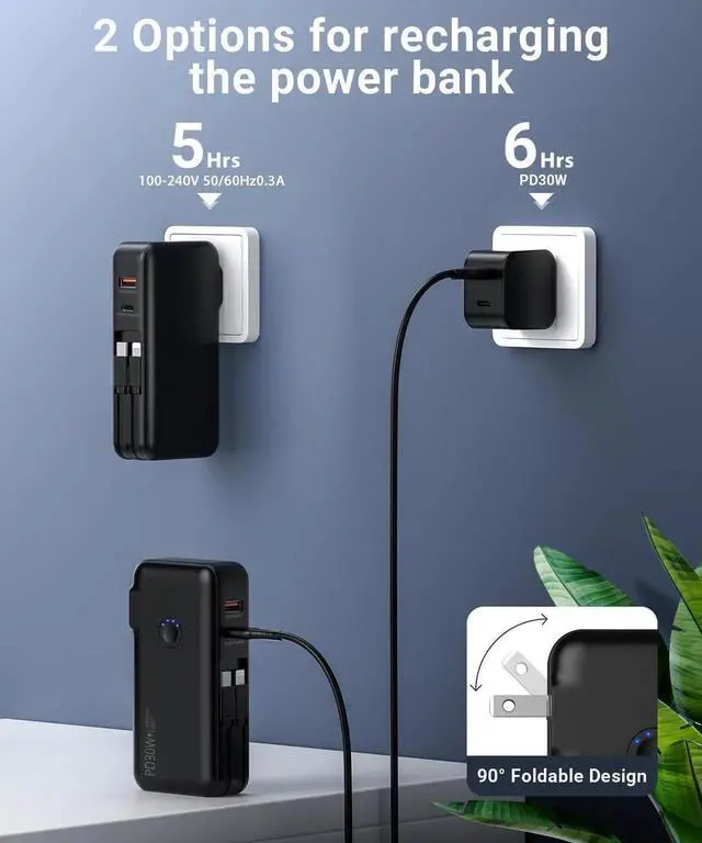 Alt view image 7 of 7 - JAENFONG Portable Charger Power Bank 16000mAh Power Bank Built-in AC Wall Plug and Cables PD 30W and QC4.0 Fast Charger for iPhone and Android Phones and Most Electronic Devices (Black)