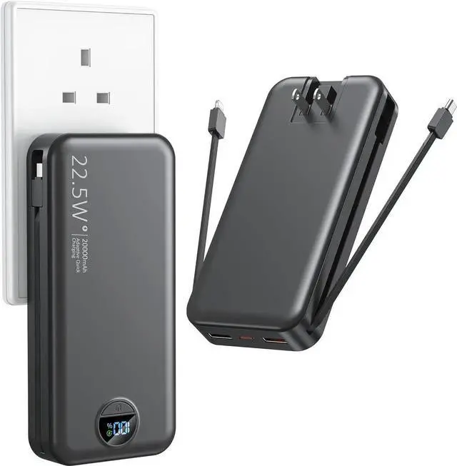 Main image of JAENFONG Portable Charger with Wall Plug 20000mAh USB C Power Bank Fast Charging External Battery Pack with Built in Cables Digital Display 5 Output 2 Input for iPhone Android Cell Phone Tablet