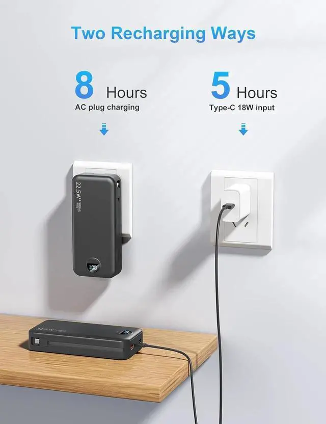 Alt view image 7 of 7 - JAENFONG Portable Charger with Wall Plug 20000mAh USB C Power Bank Fast Charging External Battery Pack with Built in Cables Digital Display 5 Output 2 Input for iPhone Android Cell Phone Tablet