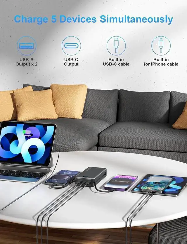 Alt view image 4 of 7 - JAENFONG Portable Charger with Wall Plug 20000mAh USB C Power Bank Fast Charging External Battery Pack with Built in Cables Digital Display 5 Output 2 Input for iPhone Android Cell Phone Tablet