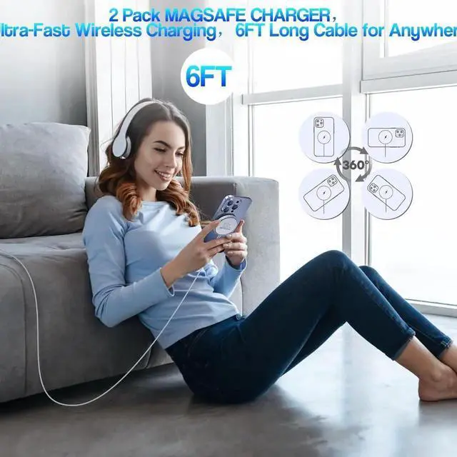 Alt view image 5 of 7 - Magnetic Wireless Charger for iPhone 16 15 2Pack 6FT 15W Fast Mag-Safe Charger with USB C Fast Charging Block Adapter for iPhone 16/16 Pro/Pro Max/15/14/13/12/Plus/Pro/Pro Max AirPods 3/2/Pro 2