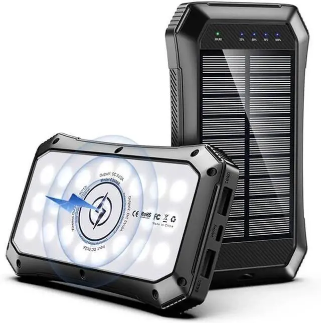 Main image of JAENFONG Solar Power Bank 10000mAh - Wireless Charger with 20 LED Lights Fast Charging for 3 Devices Solar Phone Charger Power Bank for Camping Travel & Emergencies