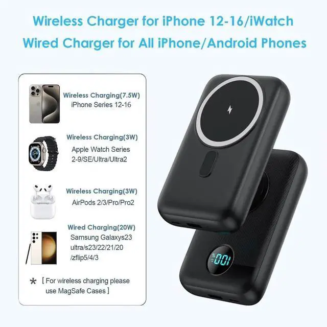 Alt view image 3 of 7 - Magnetic Portable Charger 10800mAh 4-in-1 Wireless Power Bank with iWatch Charger QC4.0+20W PD Fast Charging USB C Battery Pack with LCD Display for Magsafe iPhone 16/15/14/13/12 Series Watch