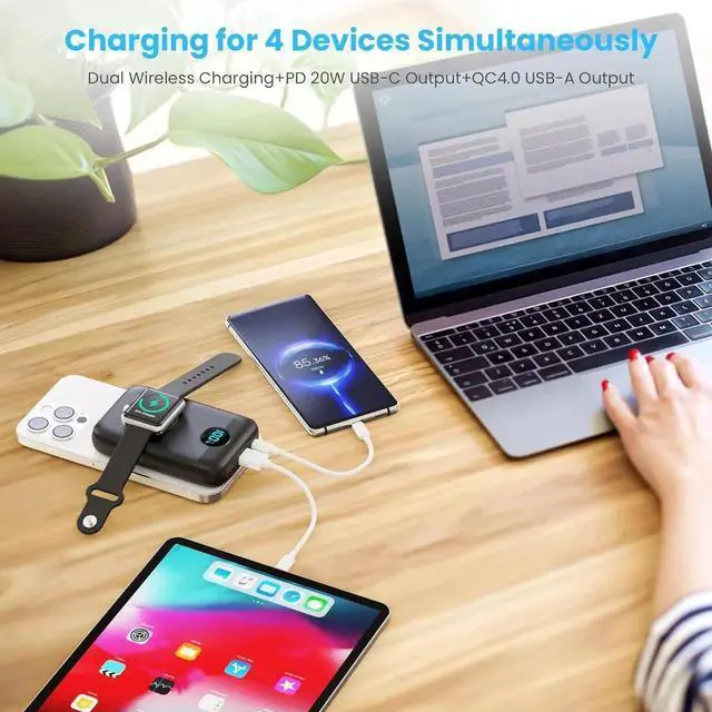 Alt view image 5 of 7 - Magnetic Portable Charger 10800mAh 4-in-1 Wireless Power Bank with iWatch Charger QC4.0+20W PD Fast Charging USB C Battery Pack with LCD Display for Magsafe iPhone 16/15/14/13/12 Series Watch
