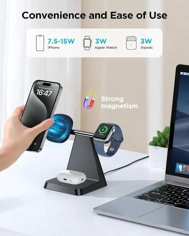 Alt view image 3 of 7 - Charging Station for Multiple Devices : 3 in 1 Magnetic Wireless Charger Stand for Mag Safe iPhone - Nightstand Charging Dock for iPhone 16 15 14 13 12 Pro Max Plus Watch Airpods