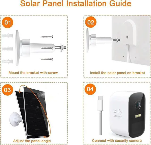 Alt view image 3 of 6 - JAENFONG 7W Solar Panel Compatible with Eufycam USB-C Solar Charger for 5V Battery Cameras IP66 Waterproof 360° Adjustable Mount 9.8ft Charging Cable 2 Pack