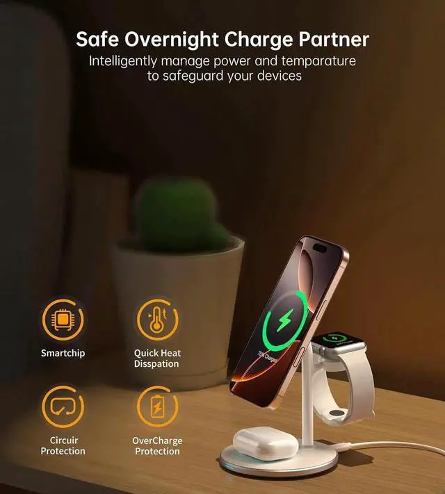 Alt view image 2 of 6 - 3 in 1 Wireless Charging Station for Devices Standard 15W Fast Wireless Mag-Safe Charger Stand with 20W dapter for iPhone 16 15 14 13 12 Pro Max/Plus/Pro/Mini iWatch Ultra 1 2 S9/8.. AirPods