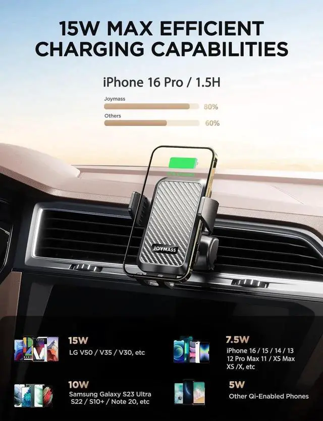Alt view image 2 of 6 - Wireless Car Charger Phone Holders for Your Car 15W Auto Clamping Phone Mount Car Accessories for iPhone 16 15 14 13 12 Mini Pro Max 11 XR XS Galaxy S24 Ultra S23 S22+ Note 20 etc