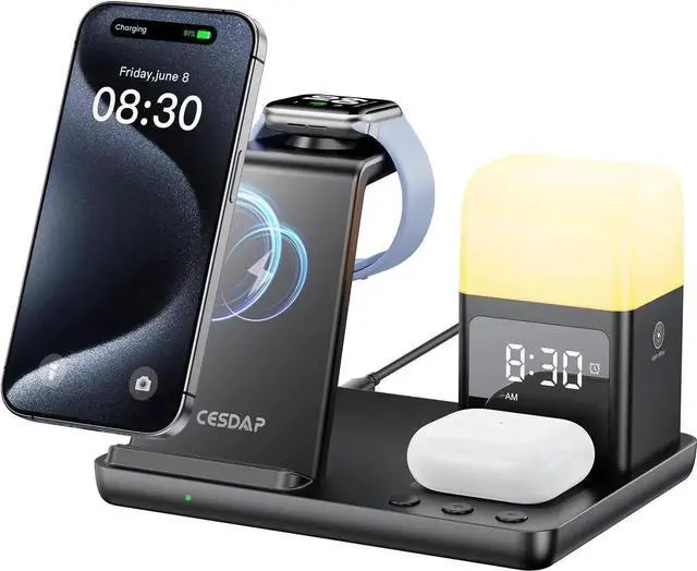 Main image of 6 in 1 Wireless Charging Station for Charging Station for Multiple Devices with Alarm Clock and Night Light nightstand for iPhone 16 15 14 13 for Watch Best Gift for Your Loved Ones