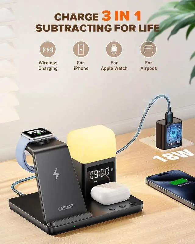 Alt view image 6 of 7 - 6 in 1 Wireless Charging Station for Charging Station for Multiple Devices with Alarm Clock and Night Light nightstand for iPhone 16 15 14 13 for Watch Best Gift for Your Loved Ones