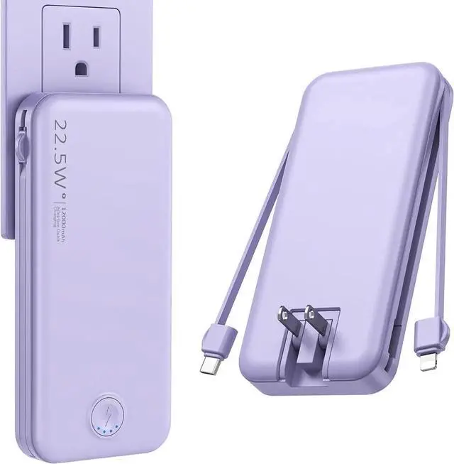 Main image of JAENFONG Portable Charger with Built in Cable and AC Wall Plug USB C Power Bank 12000mAh 22.5W Super Fast Charging Lightweight Portable Phone Charger Travel Battery Pack for iPhone ect