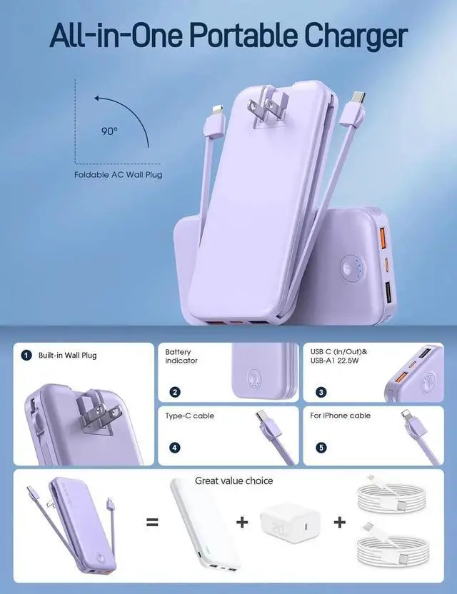 Alt view image 2 of 7 - JAENFONG Portable Charger with Built in Cable and AC Wall Plug USB C Power Bank 12000mAh 22.5W Super Fast Charging Lightweight Portable Phone Charger Travel Battery Pack for iPhone ect