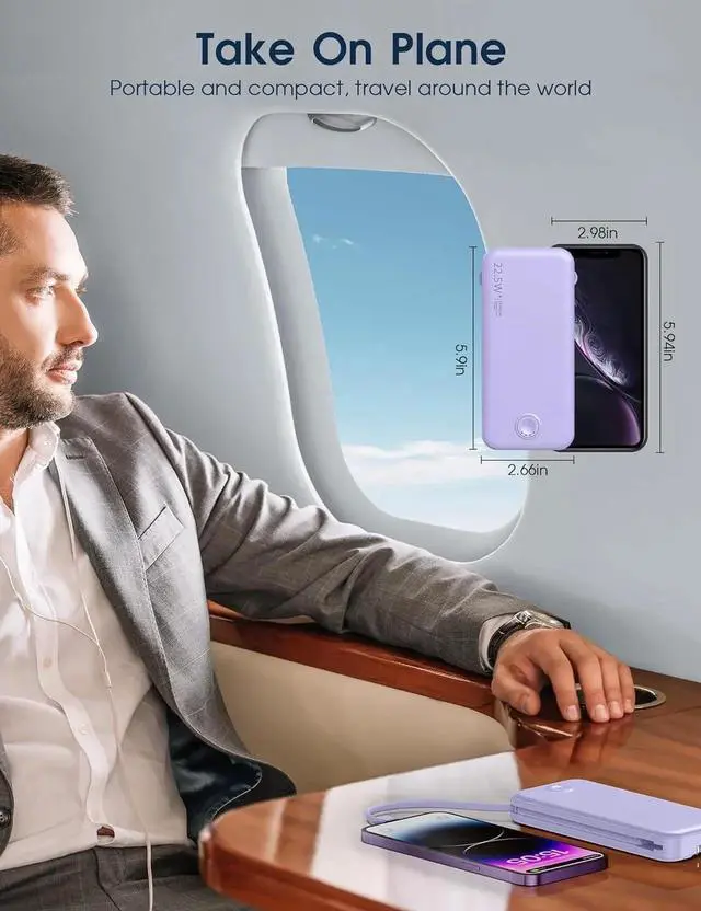 Alt view image 4 of 7 - JAENFONG Portable Charger with Built in Cable and AC Wall Plug USB C Power Bank 12000mAh 22.5W Super Fast Charging Lightweight Portable Phone Charger Travel Battery Pack for iPhone ect