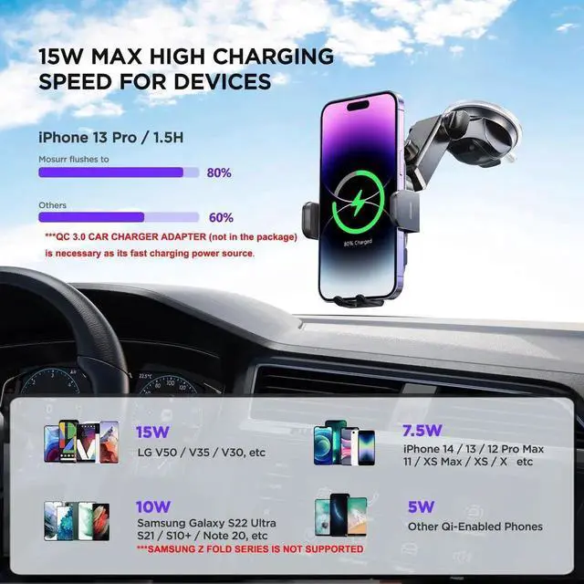 Alt view image 7 of 7 - Wireless Car Charger 7 Colored RGB Backlit 15W Auto Clamping Phone Holders for Your car fit for iPhone 16 15 14 Mini Pro Max Galaxy S25 Ultra S24 S23+ etc Fathers Day for Gifts