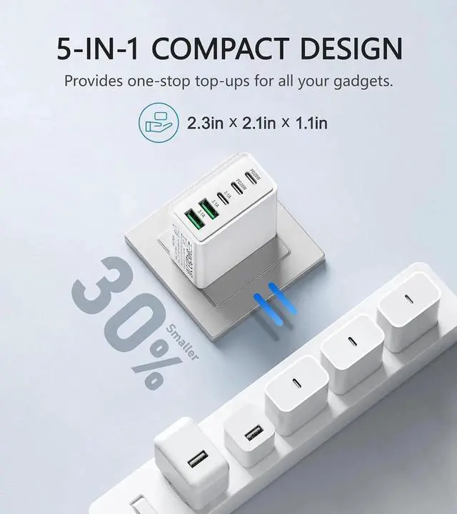 Alt view image 3 of 6 - 2Pack USB C Fast Charger Block 50W 5-Port USB C Wall Charger Brick 2 USB A & 3 USB C PD3.0 Power Adapter Multiport Type C Charging Plug for iPhone 16/15/14/13 Pad Mini/Pro AirPods 4 GalaxyS23(White)