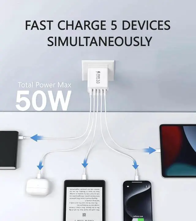 Alt view image 6 of 6 - 2Pack USB C Fast Charger Block 50W 5-Port USB C Wall Charger Brick 2 USB A & 3 USB C PD3.0 Power Adapter Multiport Type C Charging Plug for iPhone 16/15/14/13 Pad Mini/Pro AirPods 4 GalaxyS23(White)