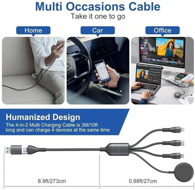 Alt view image 3 of 7 - Charging Cord for Galaxy Watch 6/5/4/3 Charger - 100W USB C Galaxy S23/S22/Z/A Series Phone Multi Charging Cable 3M/10Ft USB A/USB C to Micro USB+Lightning+Type C+ Watch Charger Cable