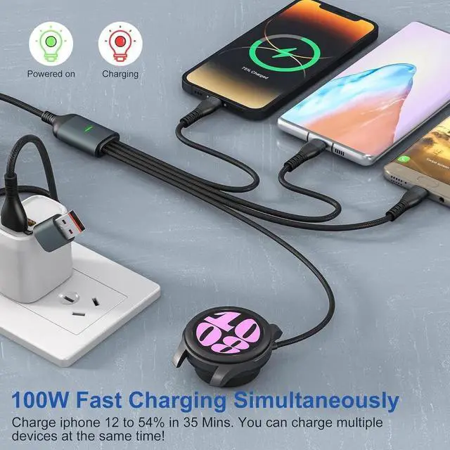 Alt view image 7 of 7 - Charging Cord for Galaxy Watch 6/5/4/3 Charger - 100W USB C Galaxy S23/S22/Z/A Series Phone Multi Charging Cable 3M/10Ft USB A/USB C to Micro USB+Lightning+Type C+ Watch Charger Cable